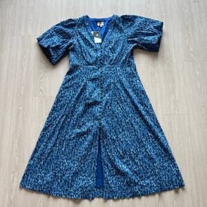 Tuckernuck Seaport Blue Moire Floral Dana Dress XXL Midi FLAW Missing Button